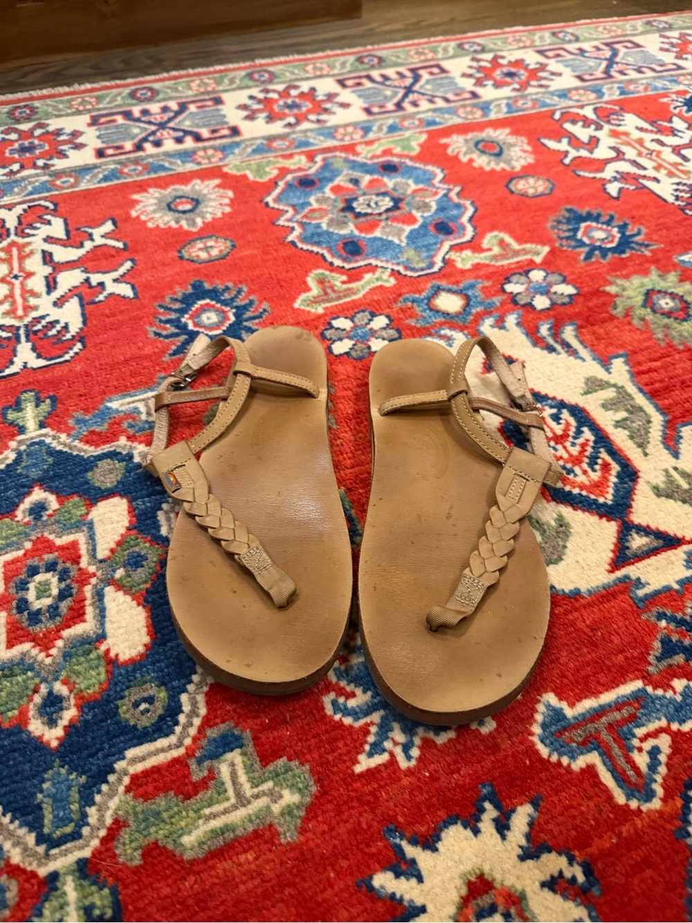 Rainbow Tan Braided T-Strap Women's Sandals